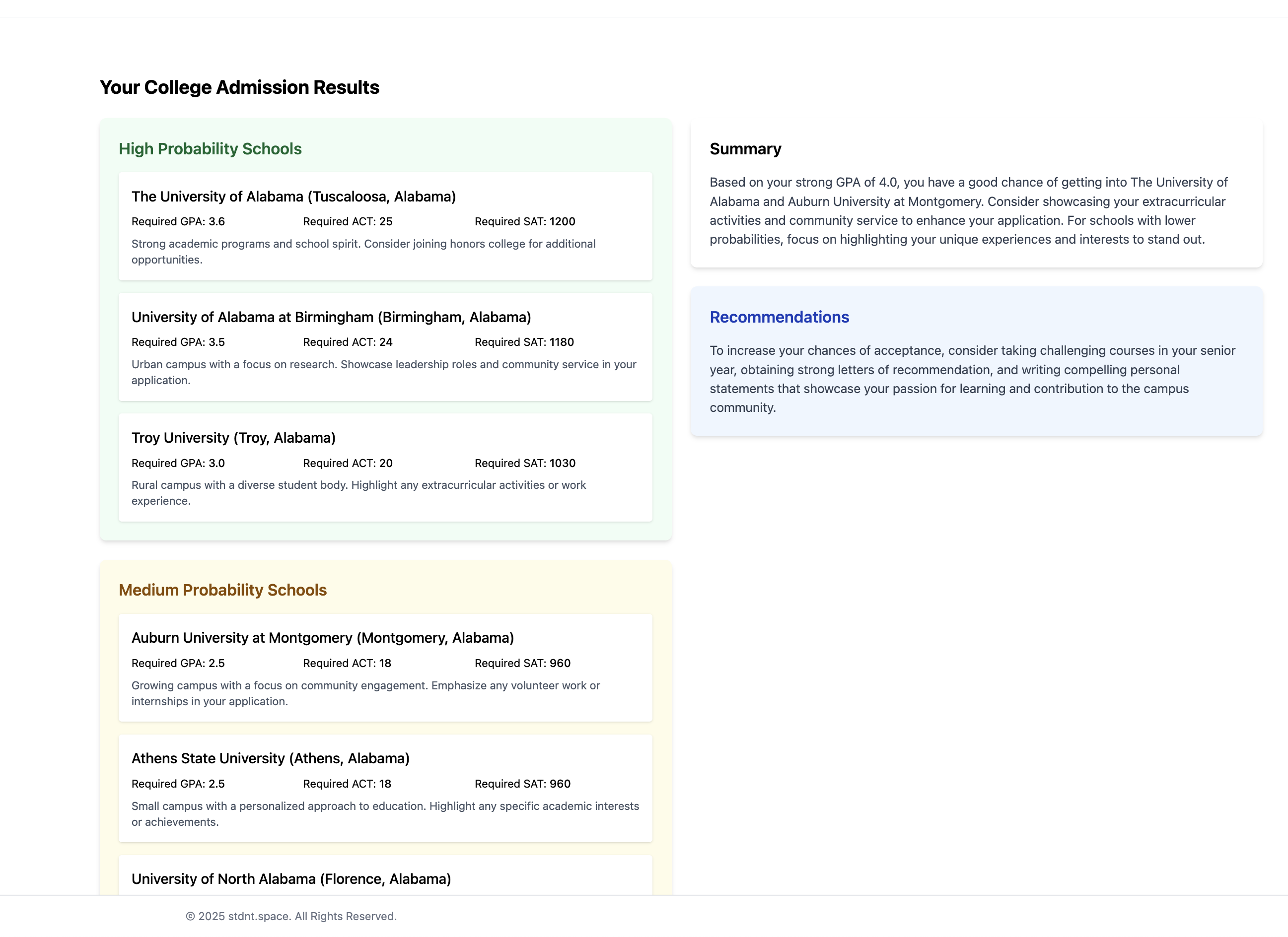 AI Admission Calculator Results Screen showing college admission probabilities