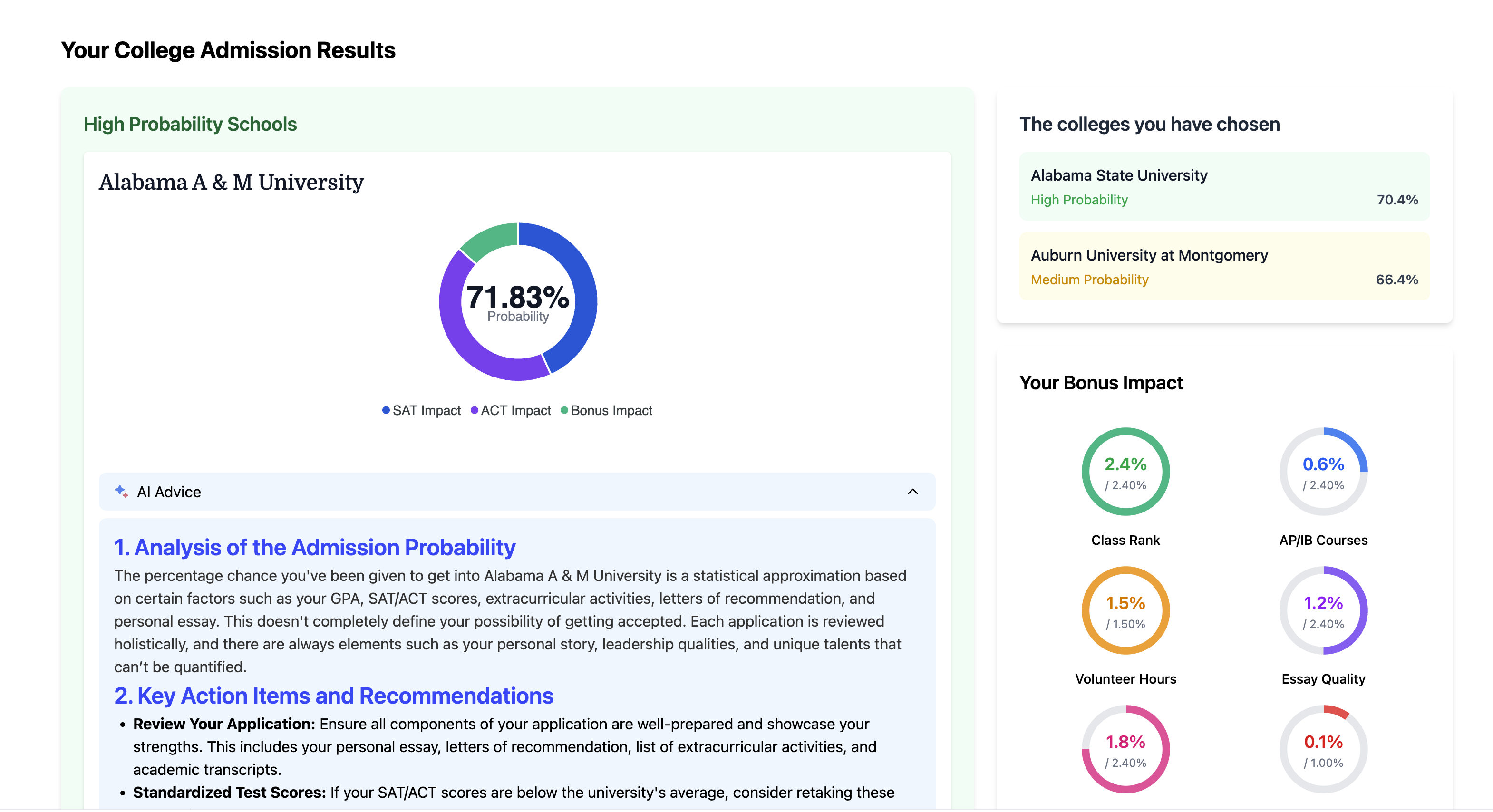 AI Admission Calculator Results Screen showing college admission probabilities