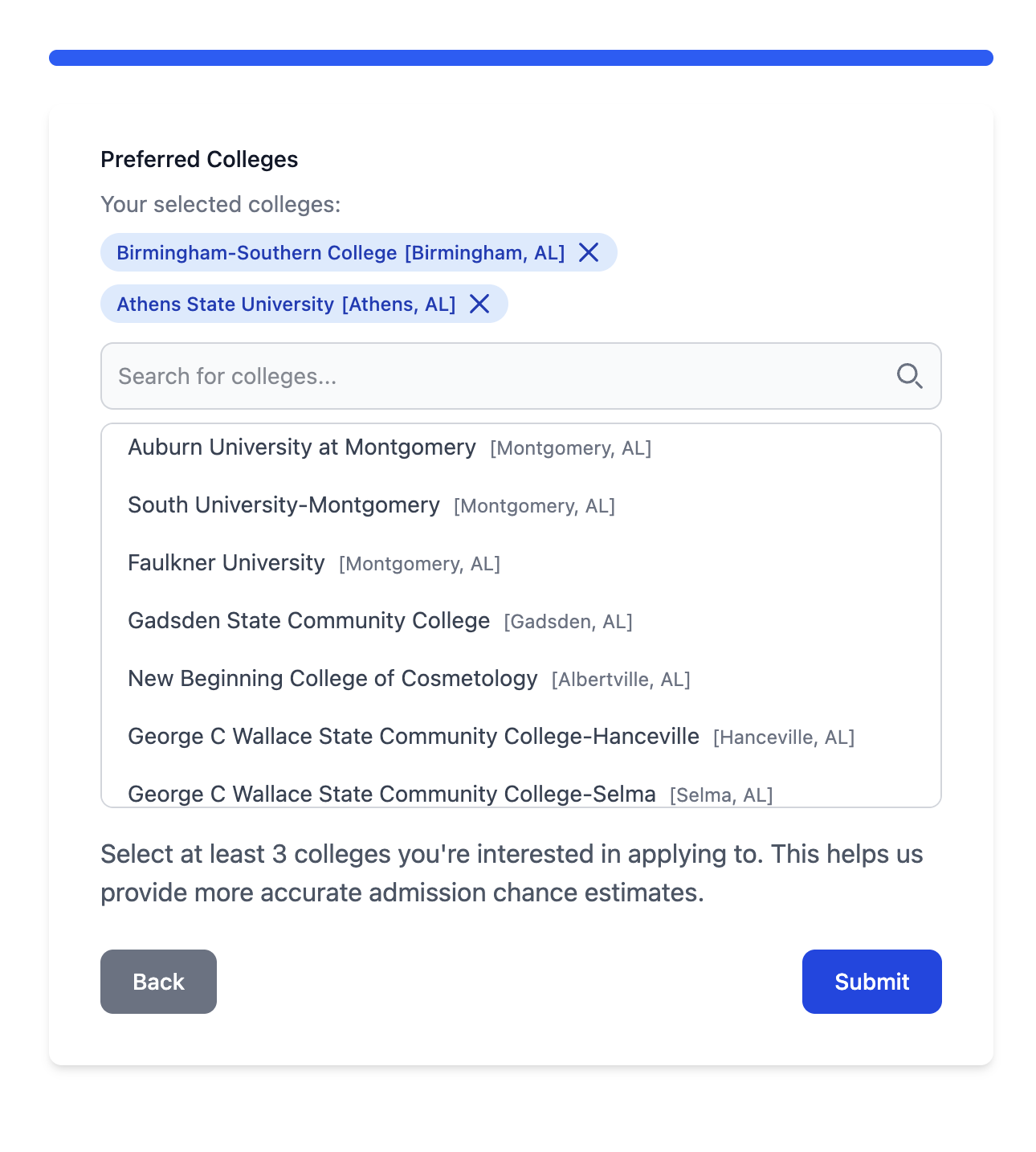 AI Admission Calculator Input Step for student profile
